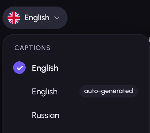 Caption track menu with English, Spanish and Russian tracks and a Translate to list
