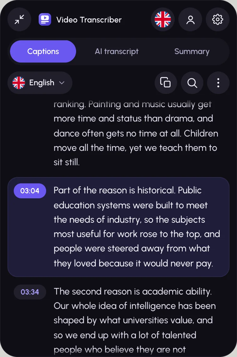 The Video Transcriber panel next to a video: tabs Transcription, Pro Transcription and Summary, transcript paragraphs with timestamps